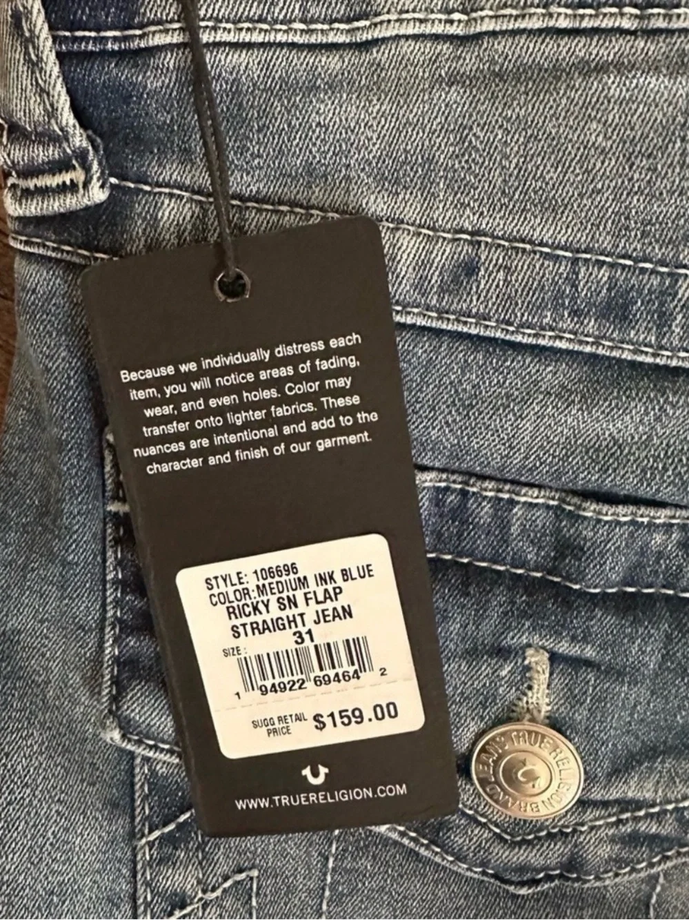 True Religion “Ricky” Relaxed Straight Jeans - Size 31 NWT